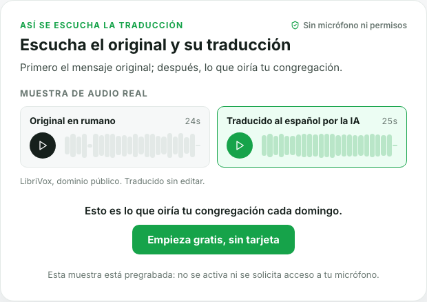 Captura del reproductor público de MoriahTech IA: original en rumano de 24 segundos y traducción al español de 25 segundos, sin acceso al micrófono.