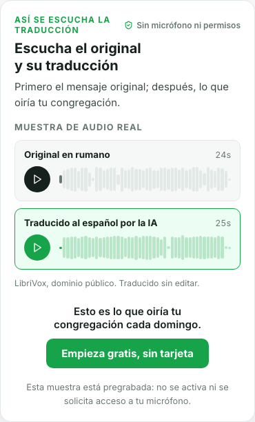 La misma muestra pública en una ventana estrecha, con los reproductores de original y traducción apilados. No es una prueba en un móvil físico.